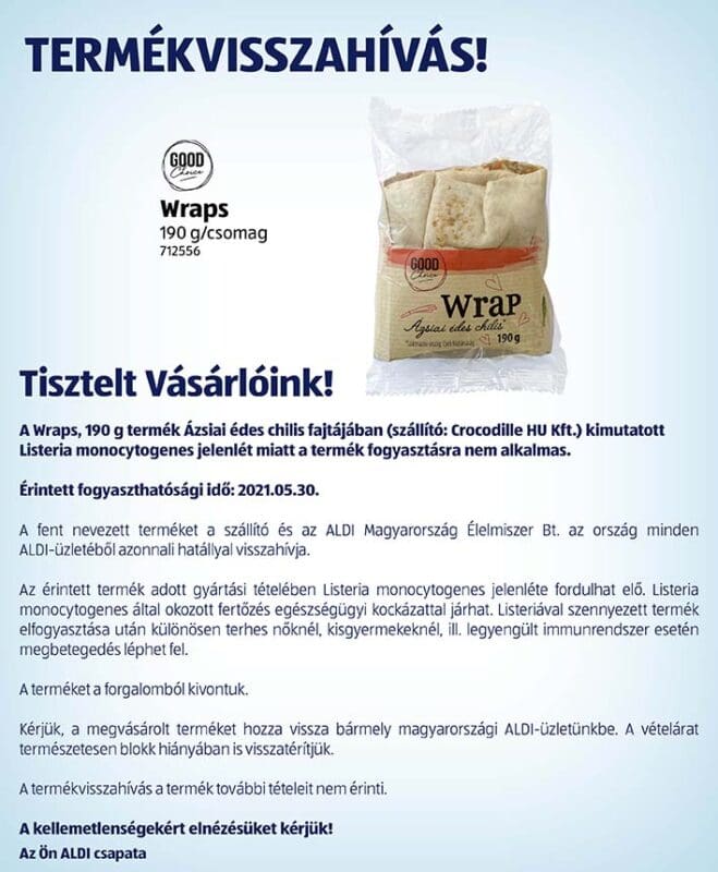 Listeria baktérium miatt visszahívott egy terméket az Aldi 1 aldi wrap listeria