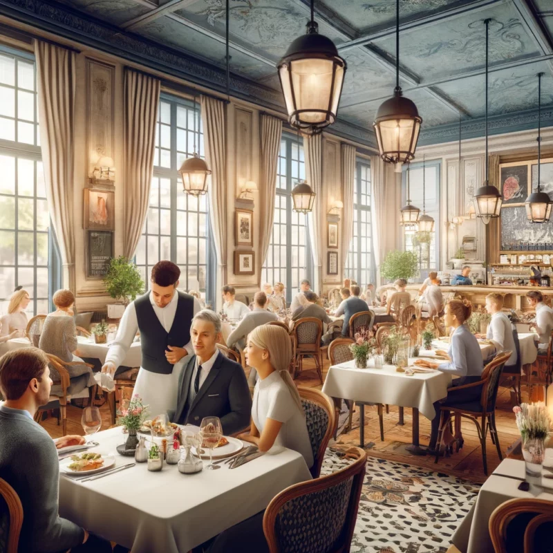 DALL·E 2024 05 07 13.01.17 A busy Parisian restaurant interior featuring tables filled with guests enjoying meals waiters attentively serving customers and a charming ambianc scaled