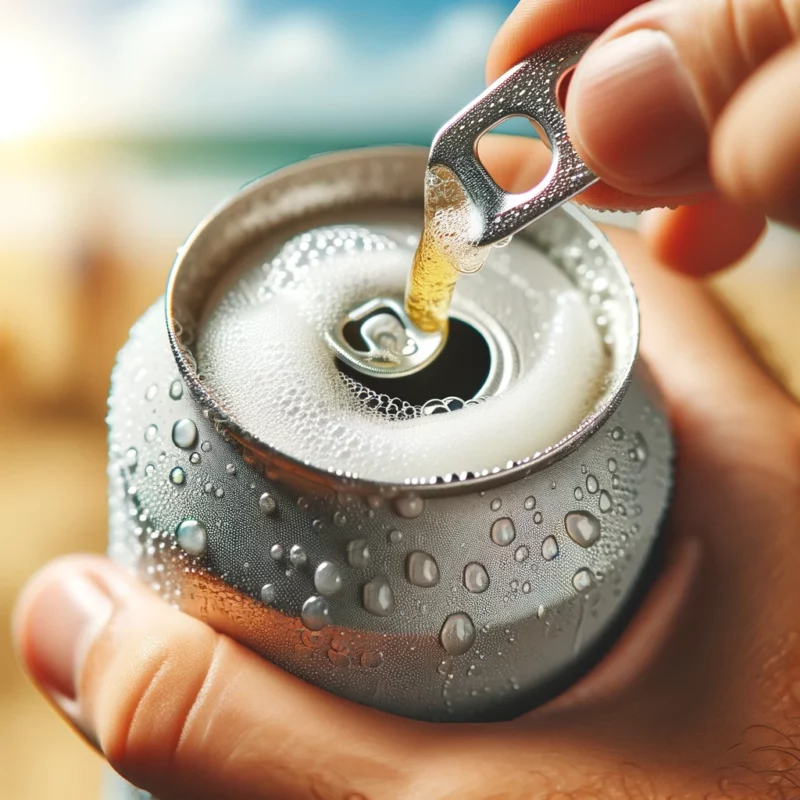 DALL·E 2024 05 07 13.25.58 A close up of a chilled beer can being opened with the focus on the refreshing condensation and cold foam bursting out capturing the refreshing appe scaled