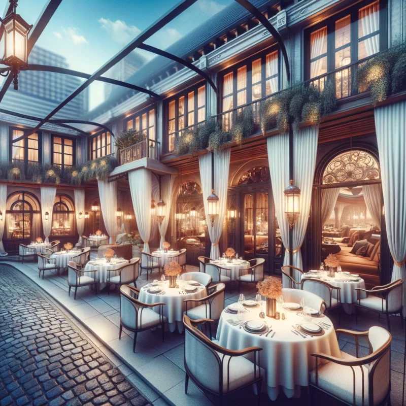 DALL·E 2024 05 07 13.49.14 An exterior view of a Michelin starred restaurant in Europe showcasing an elegant and inviting atmosphere highlighting the luxurious and high qualit scaled