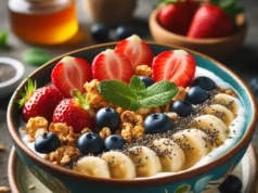 Görög joghurtos granola tál friss gyümölcsökkel Görög joghurtos granola tál friss gyümölcsökkel