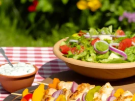 Grillezett csirke nyársak friss kerti salátával és tzatziki mártással