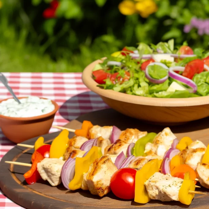 Grillezett csirke nyársak friss kerti salátával és tzatziki mártással