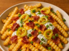 Sajtos-baconös sült krumpli pikáns pepperoncinivel