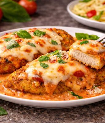 Ropogós parmezános csirkemell krémes vodka szósszal parmezános csirkemell vodka szósszal