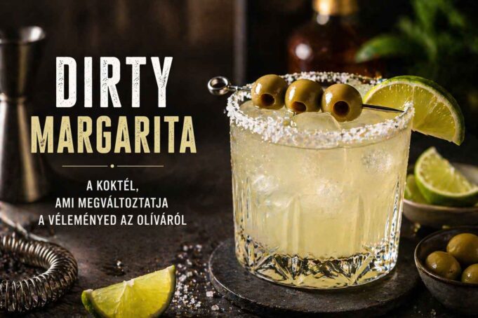 Dirty margarita recept: tequila, olajbogyó brine, lime és triple sec – a dirty martini sós, elegáns világa margaritában. 7 perc, egy shaker, egy este.