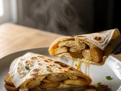 Ötperces reggeli: krumpli, tojás és egy tortilla egy serpenyőben Ötperces reggeli: krumpli, tojás és egy tortilla egy serpenyőben