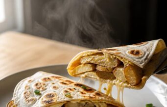 Ötperces reggeli: krumpli, tojás és egy tortilla egy serpenyőben Ötperces reggeli: krumpli, tojás és egy tortilla egy serpenyőben