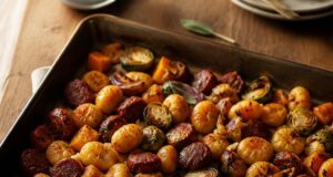 Kolbászos gnocchi őszi zöldségekkel egy tepsiben Kolbászos gnocchi őszi zöldségekkel egy tepsiben