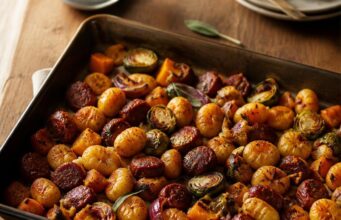 Kolbászos gnocchi őszi zöldségekkel egy tepsiben Kolbászos gnocchi őszi zöldségekkel egy tepsiben