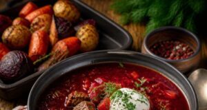 Marhahúsos borscs sült zöldségekkel Marhahúsos borscs sült zöldségekkel