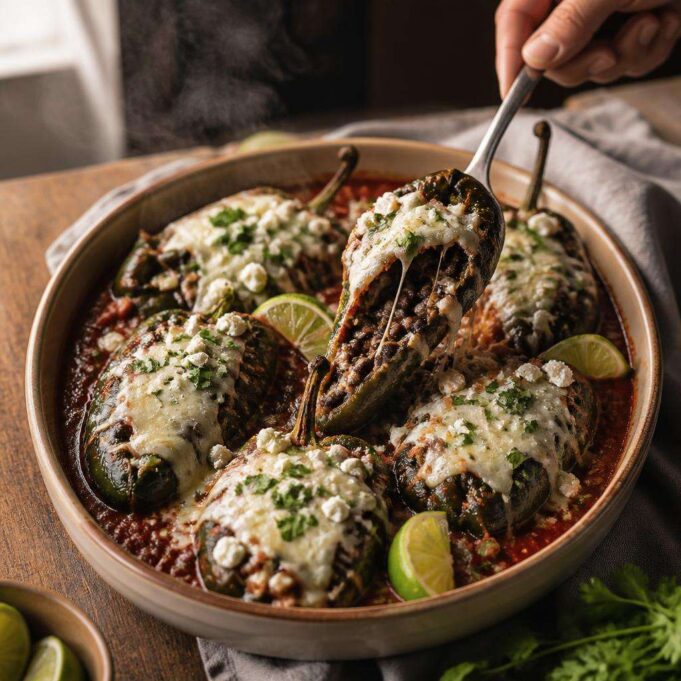 Töltött poblano paprika fekete babbal és kétféle sajttal