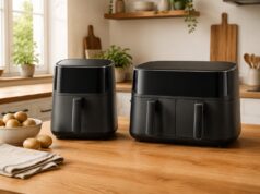 Egy- vagy kétkosaras air fryer? Így válassz a saját konyhádhoz Egykosaras és kétkosaras forrólevegős sütő konyhapulton – AI-illusztráció