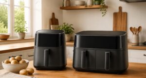 Egy- vagy kétkosaras air fryer? Így válassz a saját konyhádhoz Egykosaras és kétkosaras forrólevegős sütő konyhapulton – AI-illusztráció