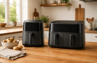 Egy- vagy kétkosaras air fryer? Így válassz a saját konyhádhoz Egykosaras és kétkosaras forrólevegős sütő konyhapulton – AI-illusztráció