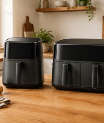 Egy- vagy kétkosaras air fryer? Így válassz a saját konyhádhoz Egykosaras és kétkosaras forrólevegős sütő konyhapulton – AI-illusztráció