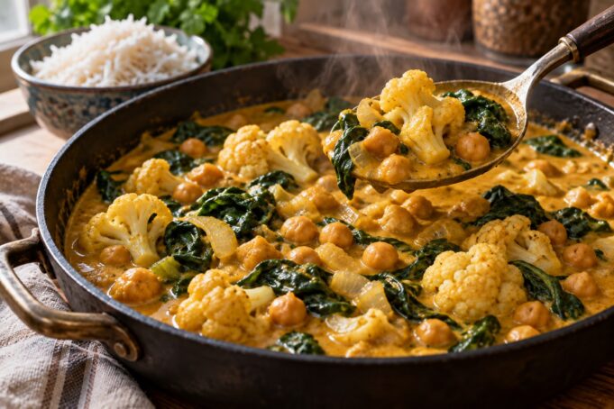 Lábasban főtt karfiolos csicseriborsócurry spenóttal – AI-illusztráció